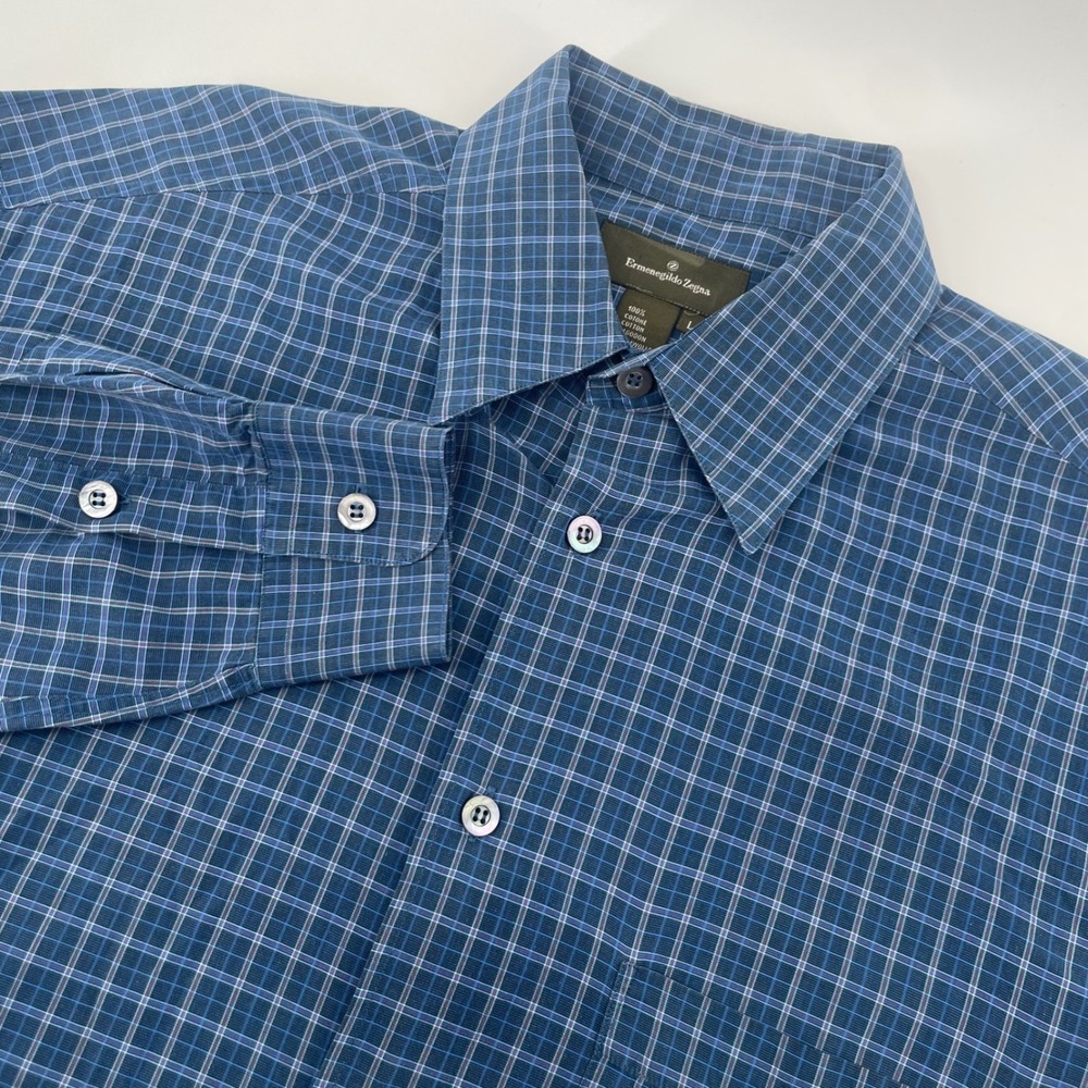 Ermenegildo Zegna Shirt Mens Large Blue Plaid Cotton Long Sleeve Made in Italy